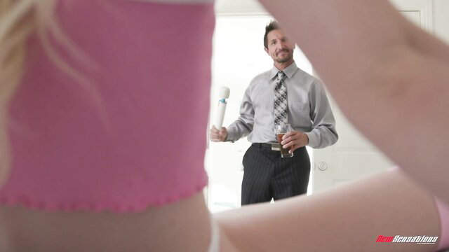 Ally Horny teen in pink top teases with Magic Wand held by suited man