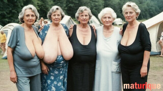 5 busty mature GILFs with massive tits posing at camp in revealing dresses