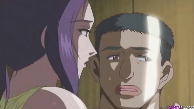 Purple-haired anime MILF whispers to muscular guy in intense hentai scene
