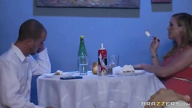 Hot blonde in red dress eats cream at table with guy, Brazzers