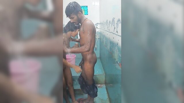 Indian teen couple kissing nude in steamy outdoor shower