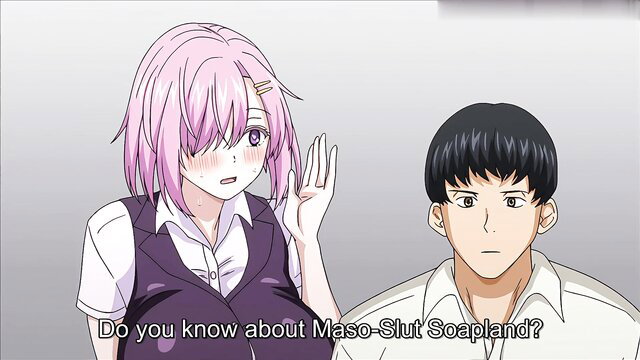 Pink-haired chubby huge tits anime girl asks about Maso-Slut Soapland hentai