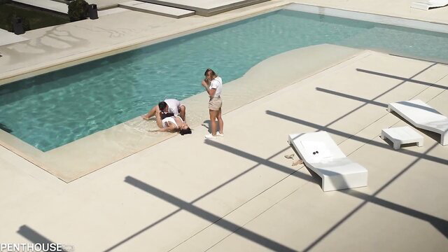 Alexa Flexy and Angelica Heart tease cabana boy poolside threesome