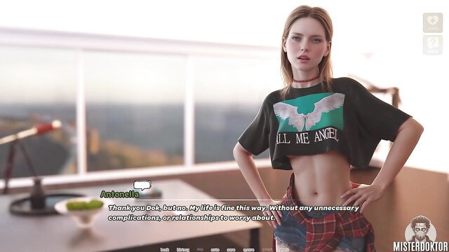 Hot blonde in cropped tee and plaid skirt poses confidently in lesbian visual novel
