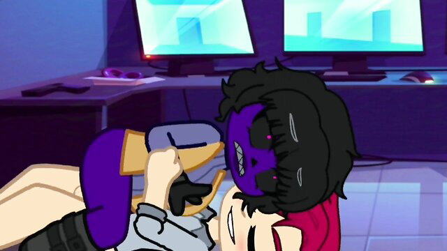 Purple-haired anime girl cuddles redhead in Afton Files AU hug scene