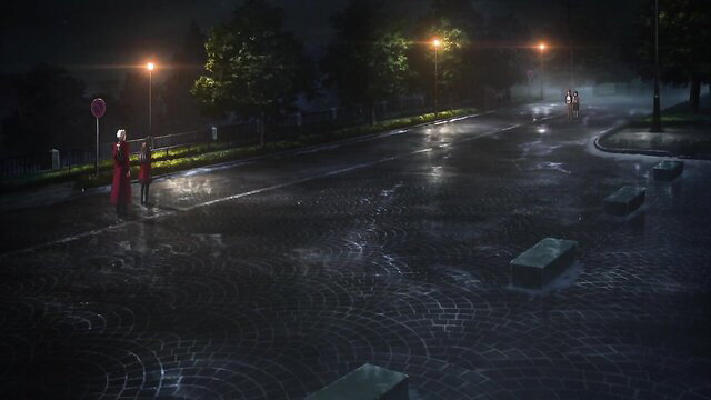 Amy Heaven as anime redhead mom & girl in rainy night street scene