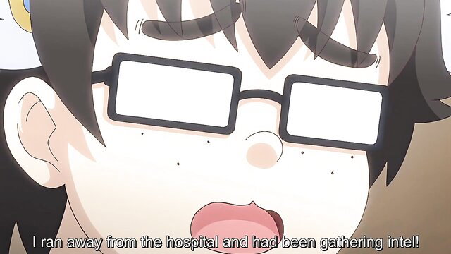 Hentai futa vampire cosplay with glasses smirks, open mouth closeup