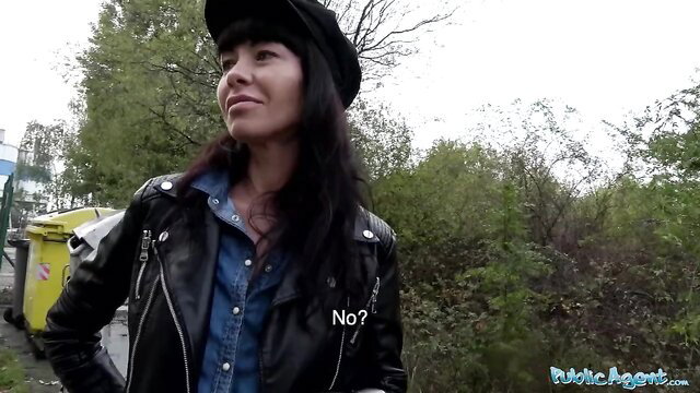 Sasha Colibri in leather jacket and hat, sexy brunette Public Agent babe