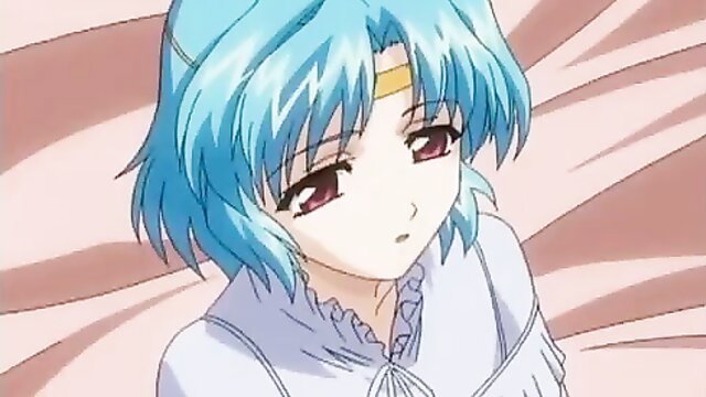 Blue-haired anime girl in frilly white blouse, seductive medieval whore look