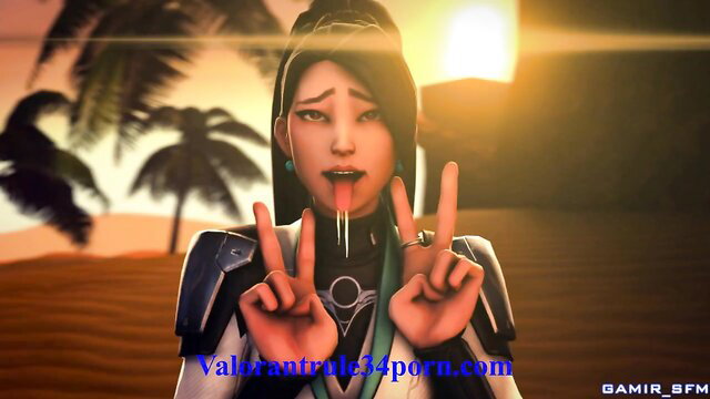 Akali Valorant hentai ahegao tongue out peace signs beach sunset