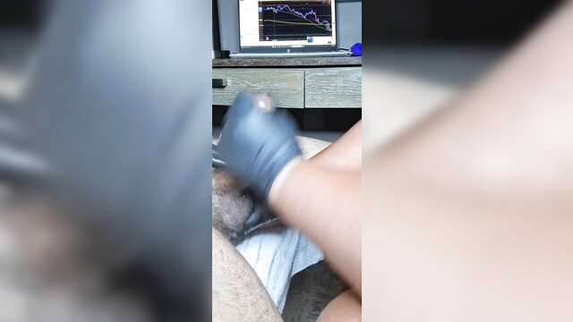 Wife's gloved handjob relieves hard-working husband's cock tugjob