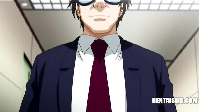 Handsome suited Japanese man with shades smirks in office hentai scene