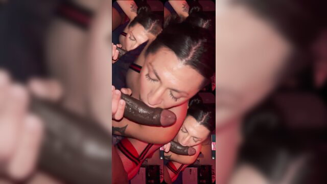 Transsexual Khloe Khalifa deepthroating huge black dildo closeup