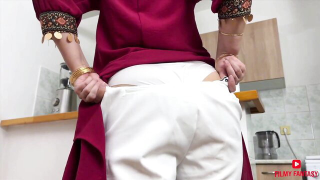 Mily Moony in red desi dress pulling down white pants, big ass tease