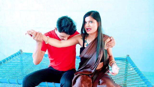 Newly married Indian bhabhi seduced by naughty devar on bed in saree