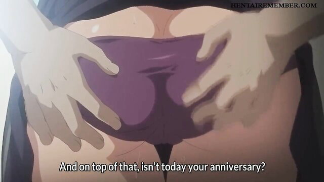 Anime wife in tight purple thong grabbed from behind on anniversary