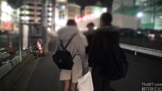 Two Japanese women in short skirts and coats walking at night, amateur JAV upskirt tease
