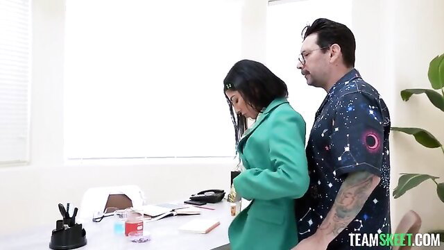 Jasmine Sherni bent over desk by tattooed man in office seduction