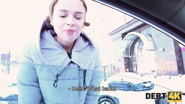 Buxom Russian lady in car asks 'Hello What Bank' in Debt4k debt porn