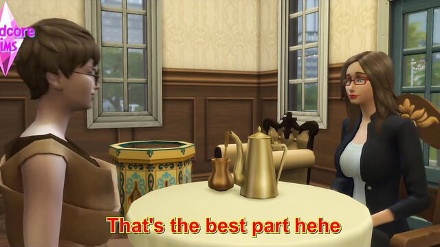Two busty brunette Sims women chatting intimately at table in cuckold story