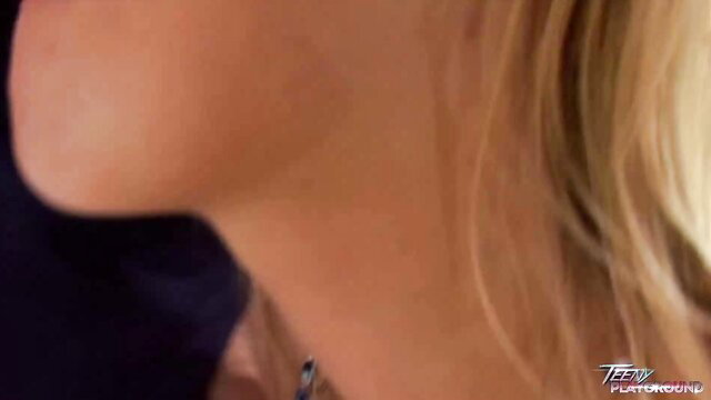 Hot blonde gives greedy blowjob, closeup on face and neck