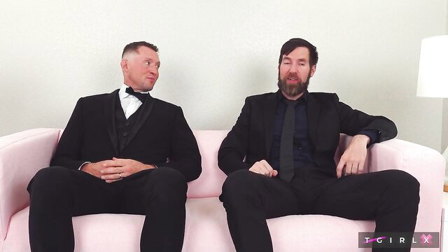 Cloudy Vi wedding day trans 3some with suited men on couch