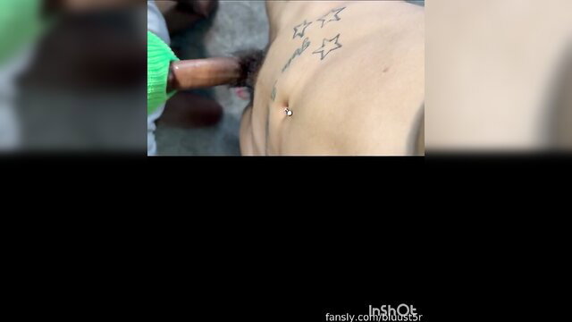 Bluust5r homemade blowjob closeup with cumshot on tatted belly piercing