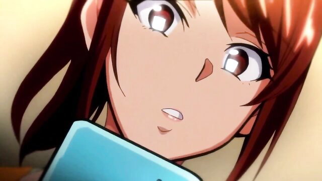 Anime hentai girl with red hair shocked expression holding phone