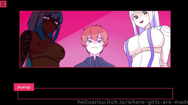 Threesome hentai with busty black-skinned girl, white-haired android babe, and shy redhead boy