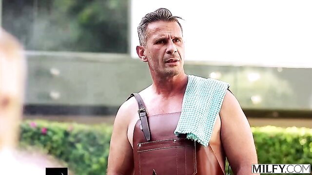 Brandi Love in leather overalls, topless cheating MILF with towel