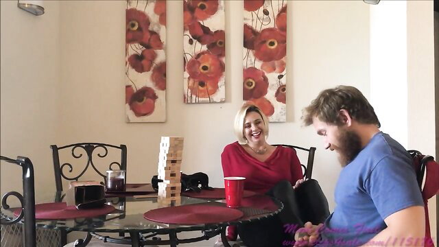 Brianna Beach blonde MILF with nephew playing Jenga at table