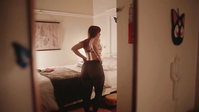 Mars Noire in tight black bra and leggings, thick ass view