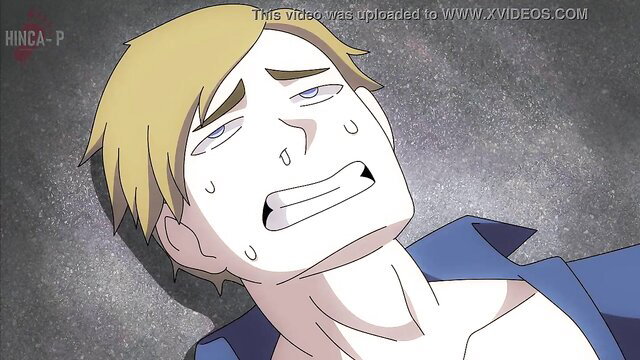 Blonde anime guy crying in ecstasy as monster hentai beast sucks him off