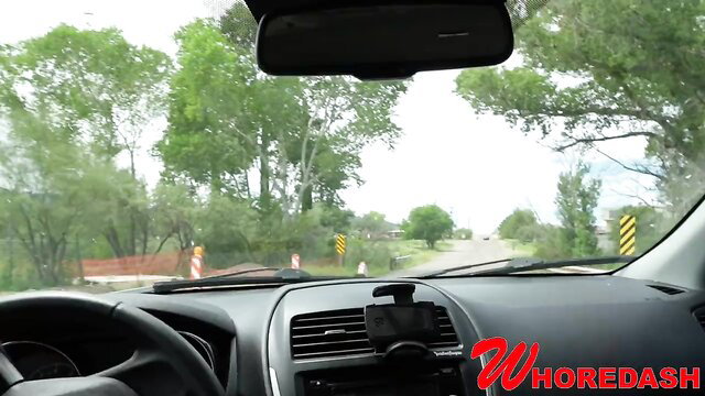 Jasmine Dark driving in car dashcam view, hot milf on Whoredash delivery