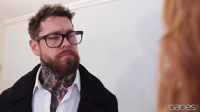 Tattooed hipster guy in glasses with Lenina Crowne in hot sex scene
