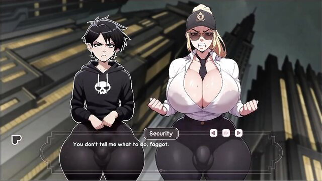 Motel Femboy black hoodie twink dominated by busty blonde security in tight uniform