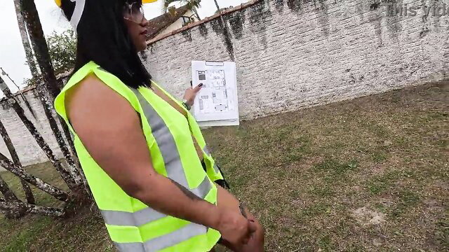 Nicoly architect in yellow vest flashing pussy at construction site