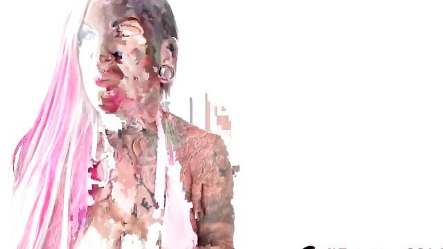 Evilyn Ink pink-haired tattooed alt babe topless glossy skin tease