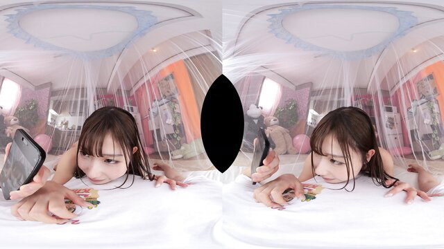 Cute Asian JAV girl in VR bubble room taking selfies nude on bed