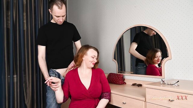 AuntJudysXXX Margo fingered by man in red dress mirror scene