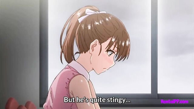 Cute anime stepsister in pink dress by window, quite stingy hentai tease