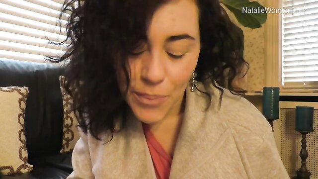 Natalie Wonder curvy MILF in cardigan, teasing closeup gaze