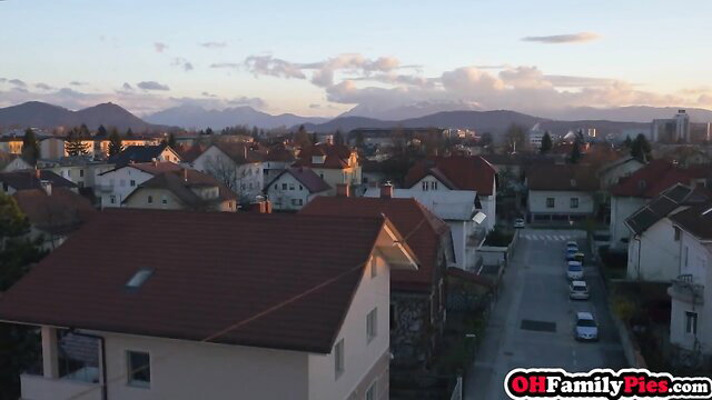 Aerial sunset view of Slovenian town rooftops, peaceful alpine houses
