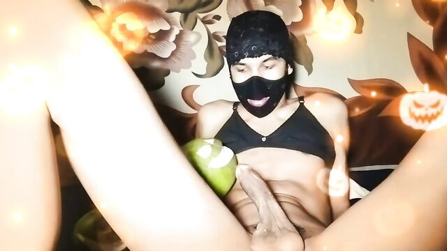 Rosunx tiny titted trans Halloween special with pumpkin toy