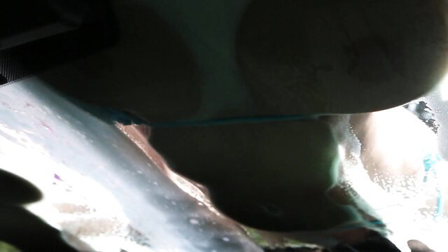 Blonde in car POV blowjob, tits out, blue choker, wet look