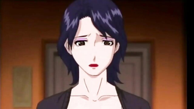 Anime milf with purple hair in black dress, nervous expression