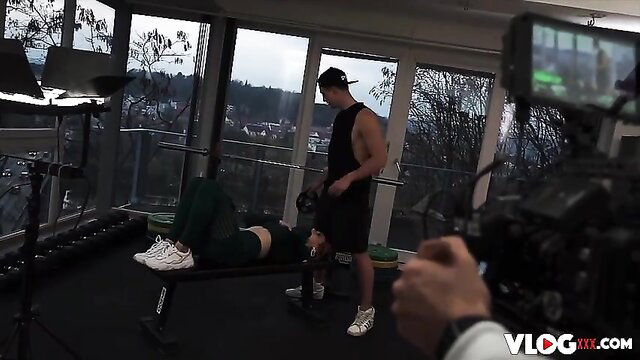 Charlie Red gym workout with trainer, gorgeous redhead model