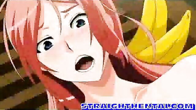 Pink-haired anime hentai girl shocked ahegao with bananas gangbang tease