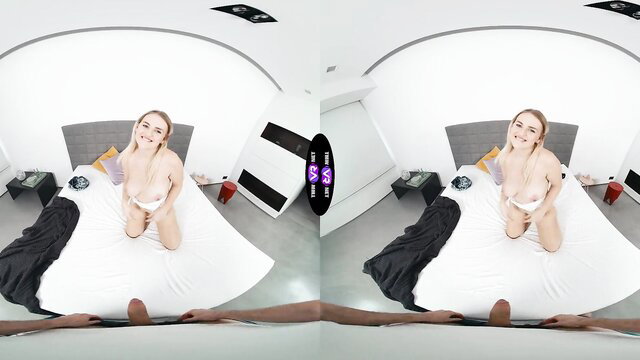 Czech teen Kristy Waterfall nude on bed in VR, smiling playfully