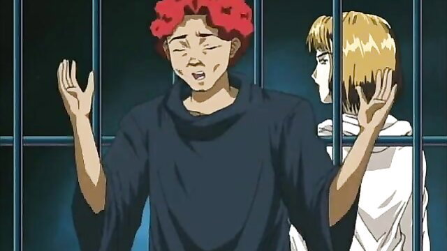Red-haired JAV guy begs desperately behind bars with blond man watching